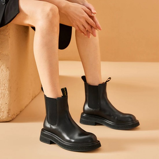 Chelsea Boots with Block Heel Round Toe Ankle Black Boots