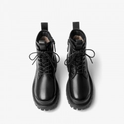 Handmade Leather Lug Sole Lace Up Combat Black Boot For Women