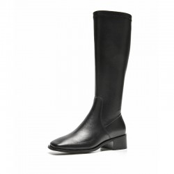 Leather Long Black Boots Square Toe Cap For Women