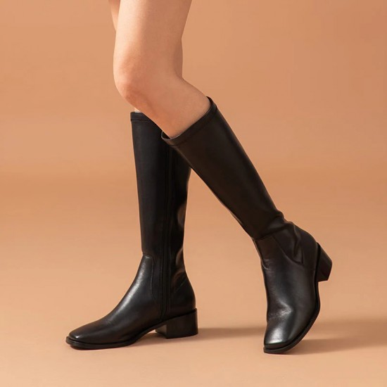 Leather Long Black Boots Square Toe Cap For Women