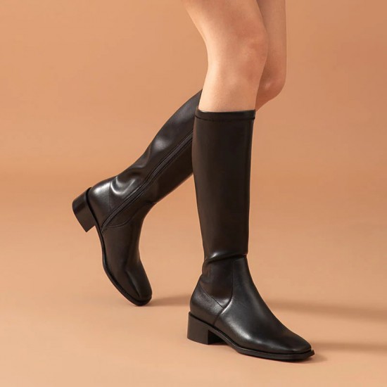 Leather Long Black Boots Square Toe Cap For Women