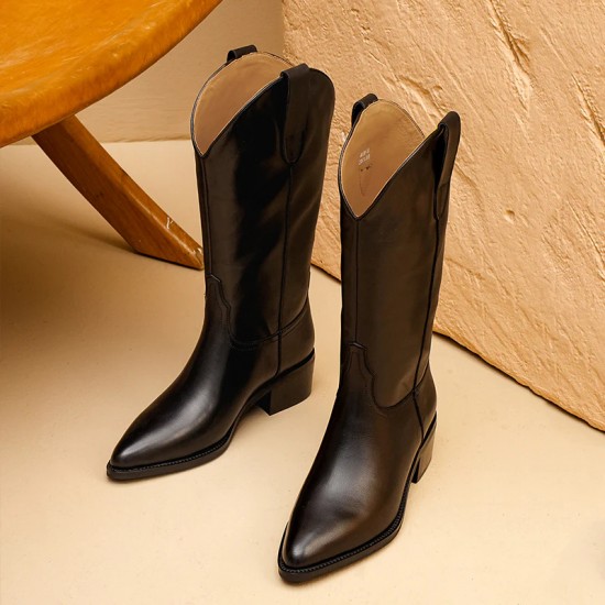 Mid Heel Cowgirl Pointed Toe Western Black Boots For Women