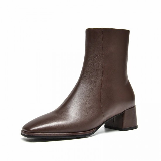 Square Toe Ankle Brown Boots for Women with Side Zipper