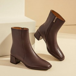 Square Toe Ankle Brown Boots for Women with Side Zipper