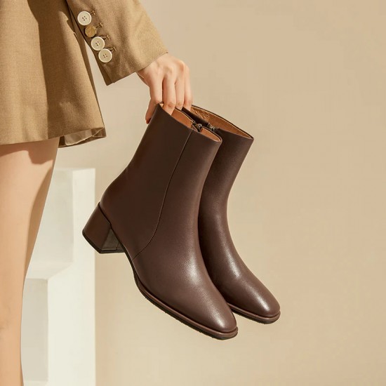 Square Toe Ankle Brown Boots for Women with Side Zipper