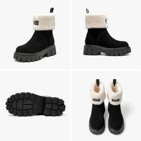 Wool Fur Ankle Snow Black Boots Jagged Outsole Square Heels For Women