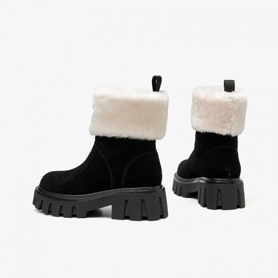 Wool Fur Ankle Snow Black Boots Jagged Outsole Square Heels For Women