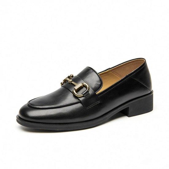 Calfskin Leather Classic Buckle Loafers Black Shoes For Women