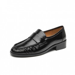 Casual Sheepskin Slip-on Flat Loafers Black Shoes For Women