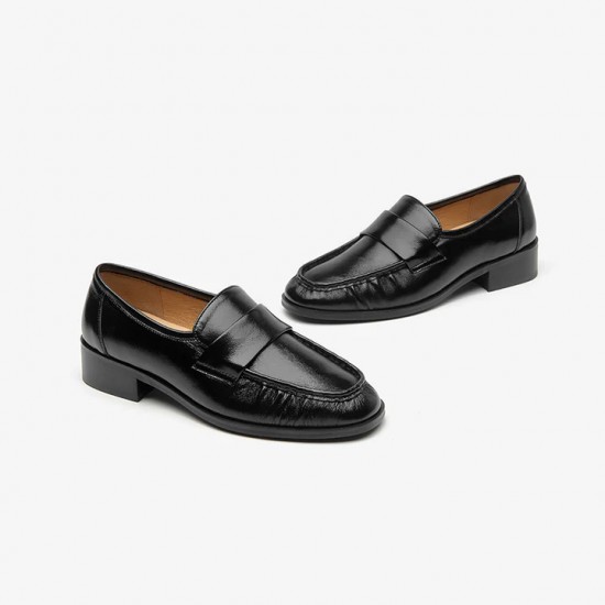 Casual Sheepskin Slip-on Flat Loafers Black Shoes For Women