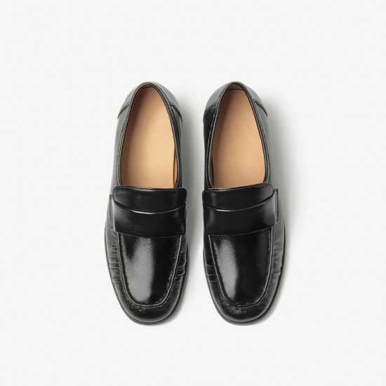 Casual Sheepskin Slip-on Flat Loafers Black Shoes For Women