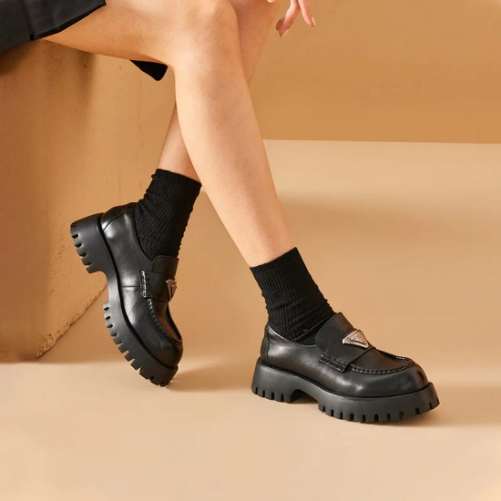 Chunky Loafers Platform Lug Sole Loafers Black Shoes for Women