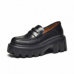 Classic Platform Penny Loafers with Lug Sole Black Shoes for Women