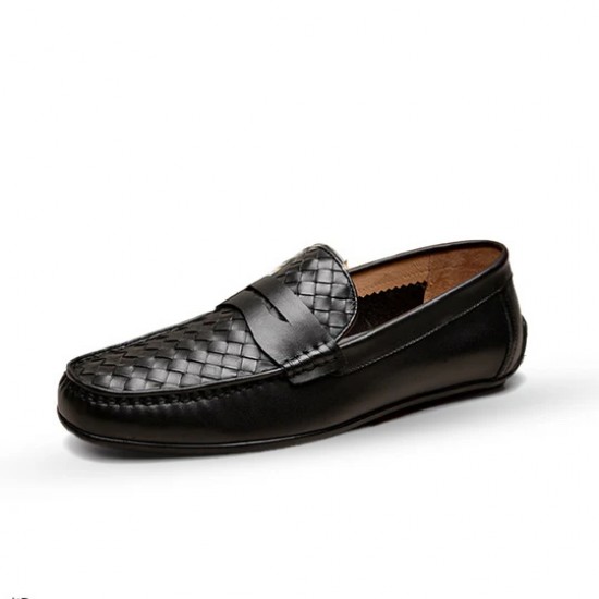 Cow Leather Woven Penny Loafers Black Shoes For Men