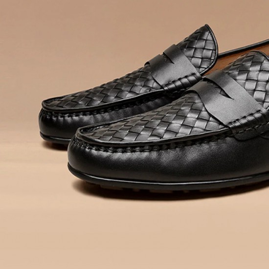 Cow Leather Woven Penny Loafers Black Shoes For Men