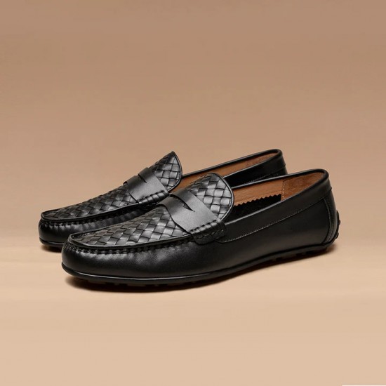 Cow Leather Woven Penny Loafers Black Shoes For Men