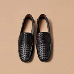 Cow Leather Woven Penny Loafers Black Shoes For Men