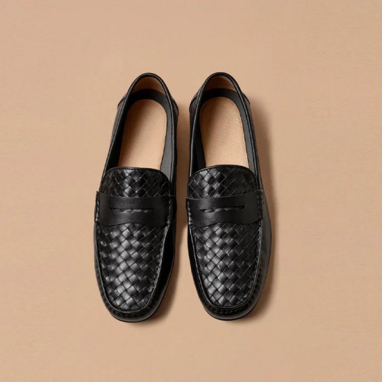 Cow Leather Woven Penny Loafers Black Shoes For Men