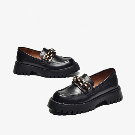 Leather Chunky Loafers Black Shoes for Women