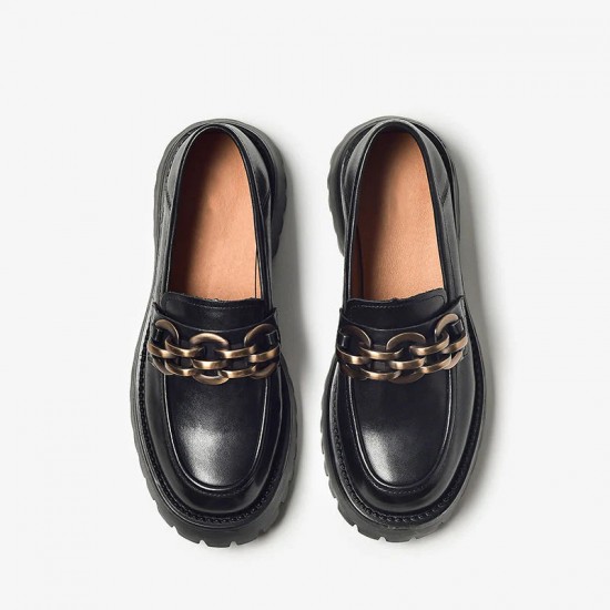 Leather Chunky Loafers Black Shoes for Women