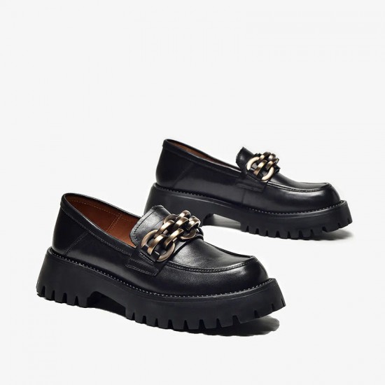 Leather Chunky Loafers Black Shoes for Women