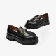 Metal Decoration Leather Chunky Loafers Black Shoes for Women