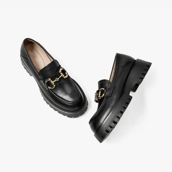 Metal Decoration Leather Chunky Loafers Black Shoes for Women