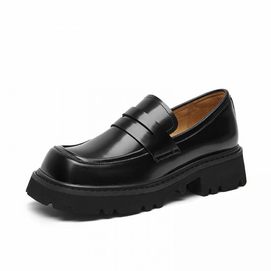 Square Toe Chunky Loafers with Lug Sole Black Shoes for Women