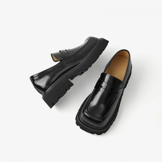 Square Toe Chunky Loafers with Lug Sole Black Shoes for Women