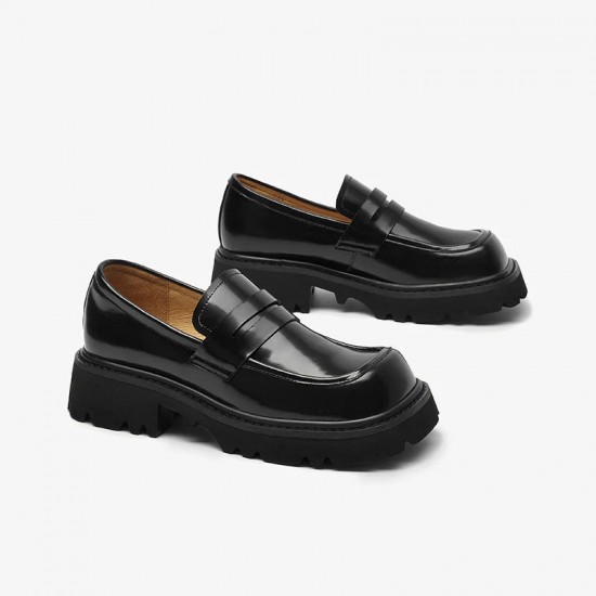 Square Toe Chunky Loafers with Lug Sole Black Shoes for Women