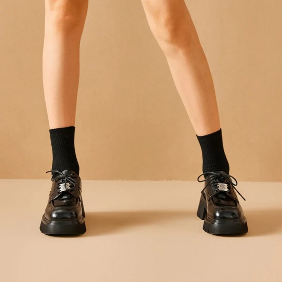 Lace-Up Platform Lug Sole Oxfords Black Shoes For Women