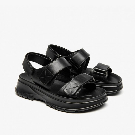 Chunky Hook Loop Velcro Black Sandals For Women