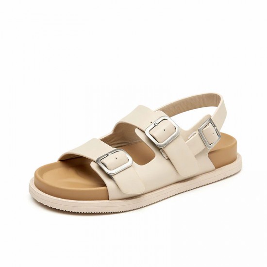 Leather Buckle Beige Brown Sandals For Women