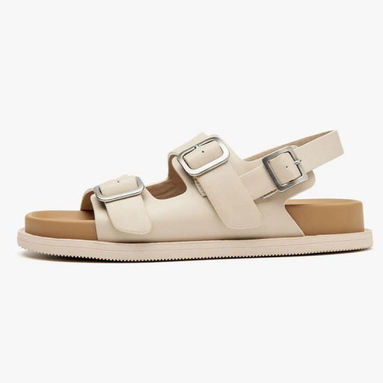 Leather Buckle Beige Brown Sandals For Women