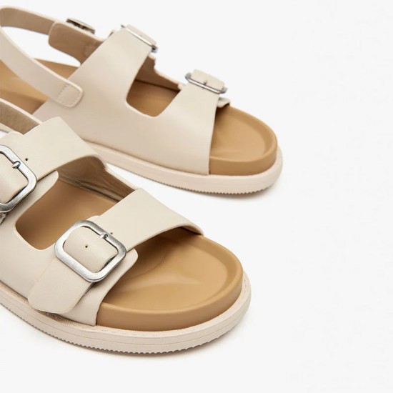 Leather Buckle Beige Brown Sandals For Women