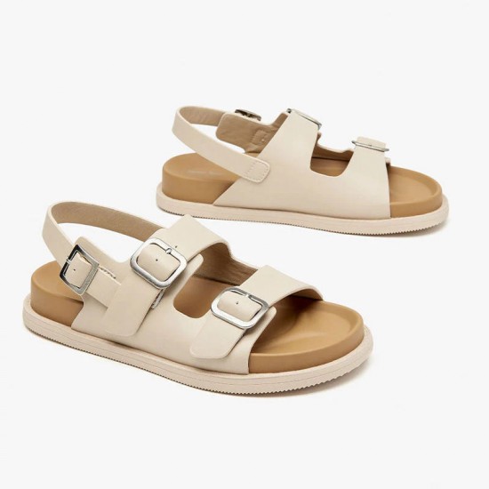 Leather Buckle Beige Brown Sandals For Women