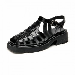 WMNS Buckle Strap Leather Gladiator Chunky Black Sandals