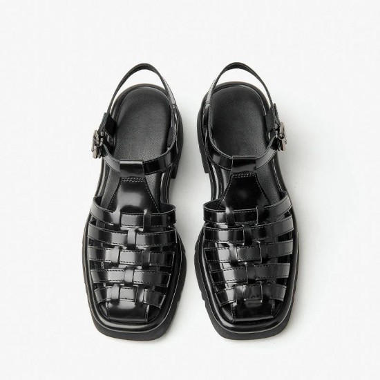 WMNS Buckle Strap Leather Gladiator Chunky Black Sandals