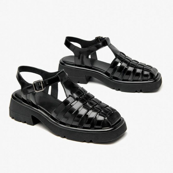 WMNS Buckle Strap Leather Gladiator Chunky Black Sandals