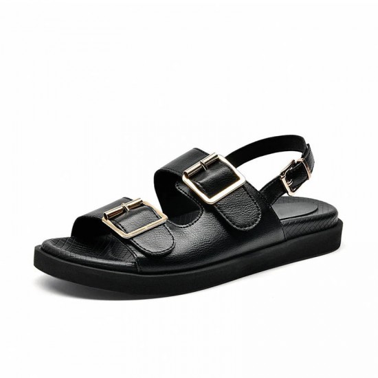 WMNS Handmade Leather Summer Black Buckle Decor Sandals