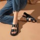 WMNS Handmade Leather Summer Black Buckle Decor Sandals