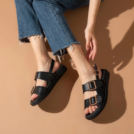 WMNS Handmade Leather Summer Black Buckle Decor Sandals