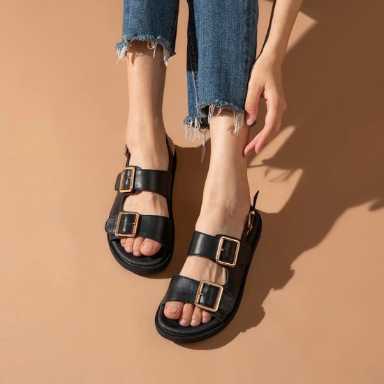 WMNS Handmade Leather Summer Black Buckle Decor Sandals