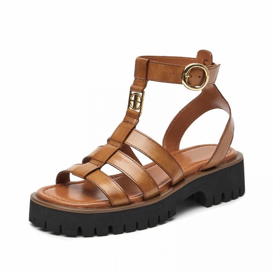 WMNS Unique Brand Buckle Brown Sandals