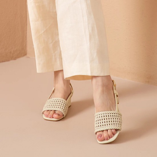 WMNS Woven Design Block Heel Beige Sandals