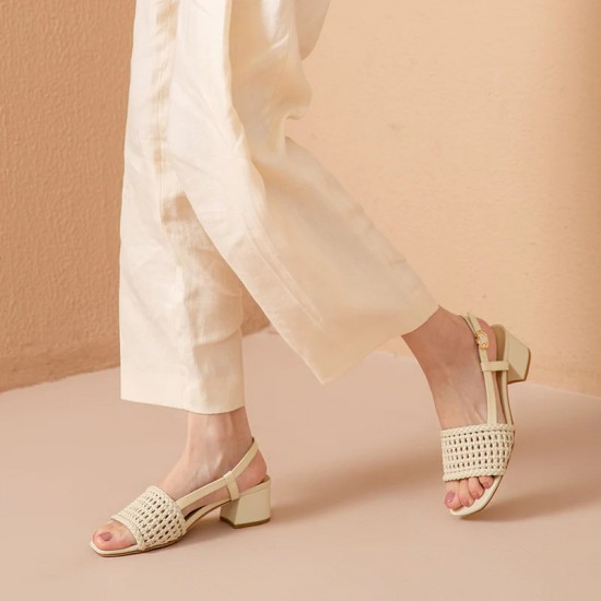 WMNS Woven Design Block Heel Beige Sandals