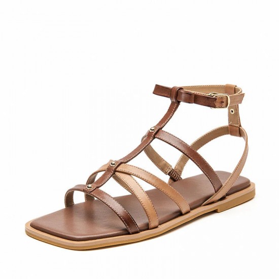 WMNS Leather Beach Gladiator Brown Sandals Flat