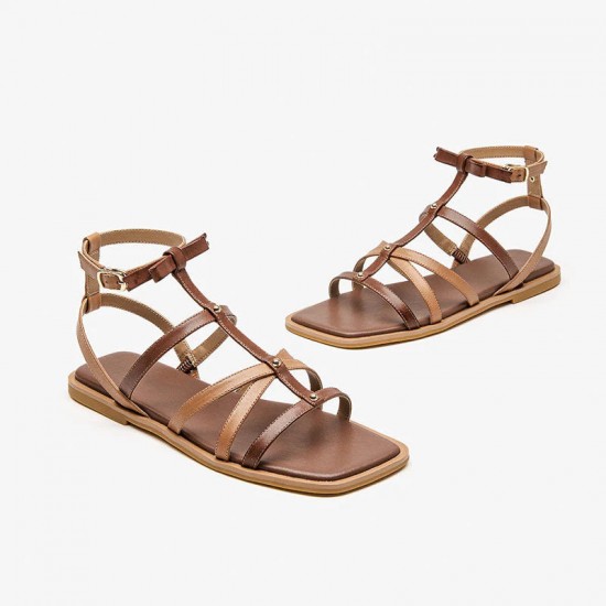 WMNS Leather Beach Gladiator Brown Sandals Flat