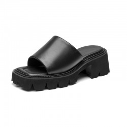 Block Heeled Square Toe Black Slippers Non-slip Lug Sole For Women