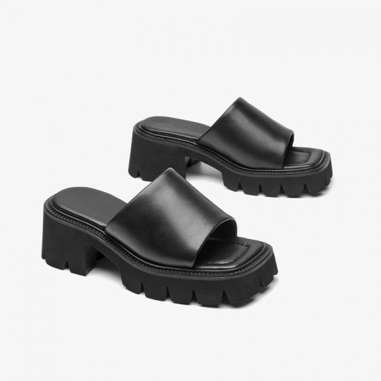 Block Heeled Square Toe Black Slippers Non-slip Lug Sole For Women